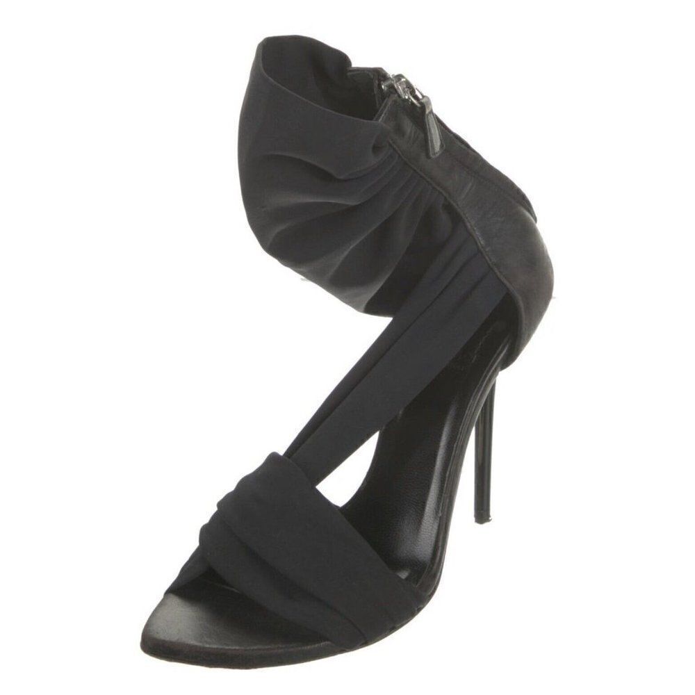 Versace Authentic Genuine Leather Solid Black High Heel Sandals 5